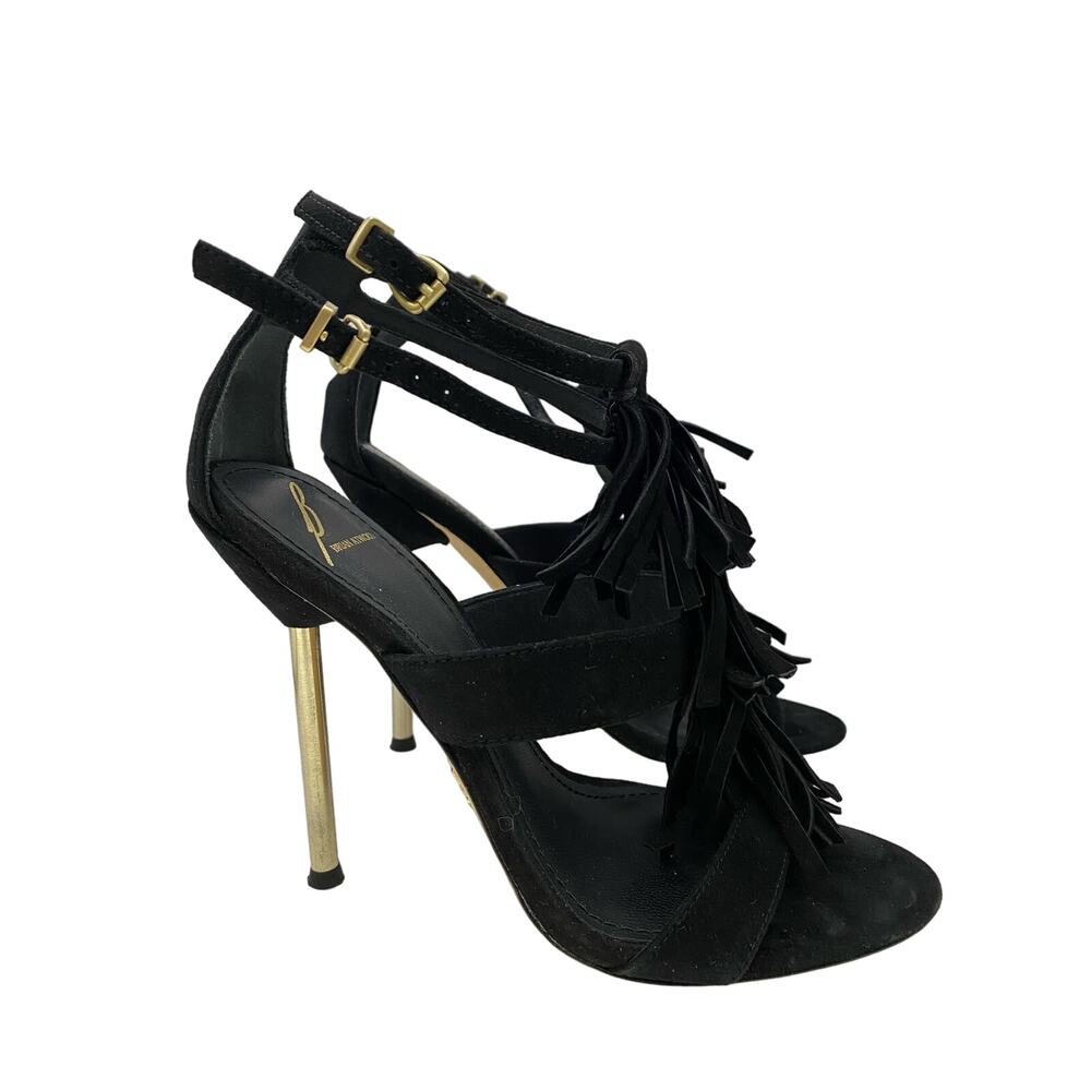 Brian Atwood Black Suede Fringe Gold Stiletto Heels Sz 7